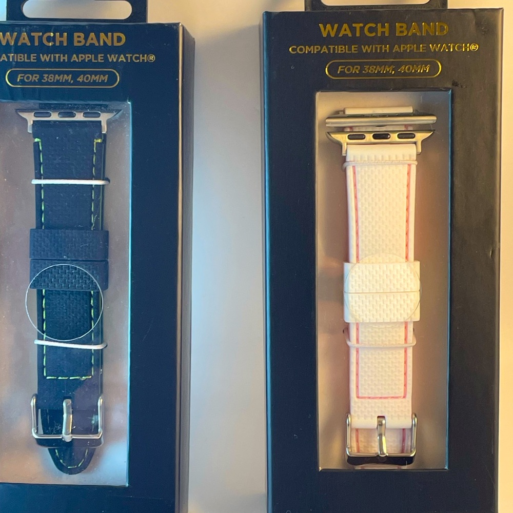 2 Watch Bands 38 mm/ 40 mm Black with Lime Green Trim and White with Pink Trim